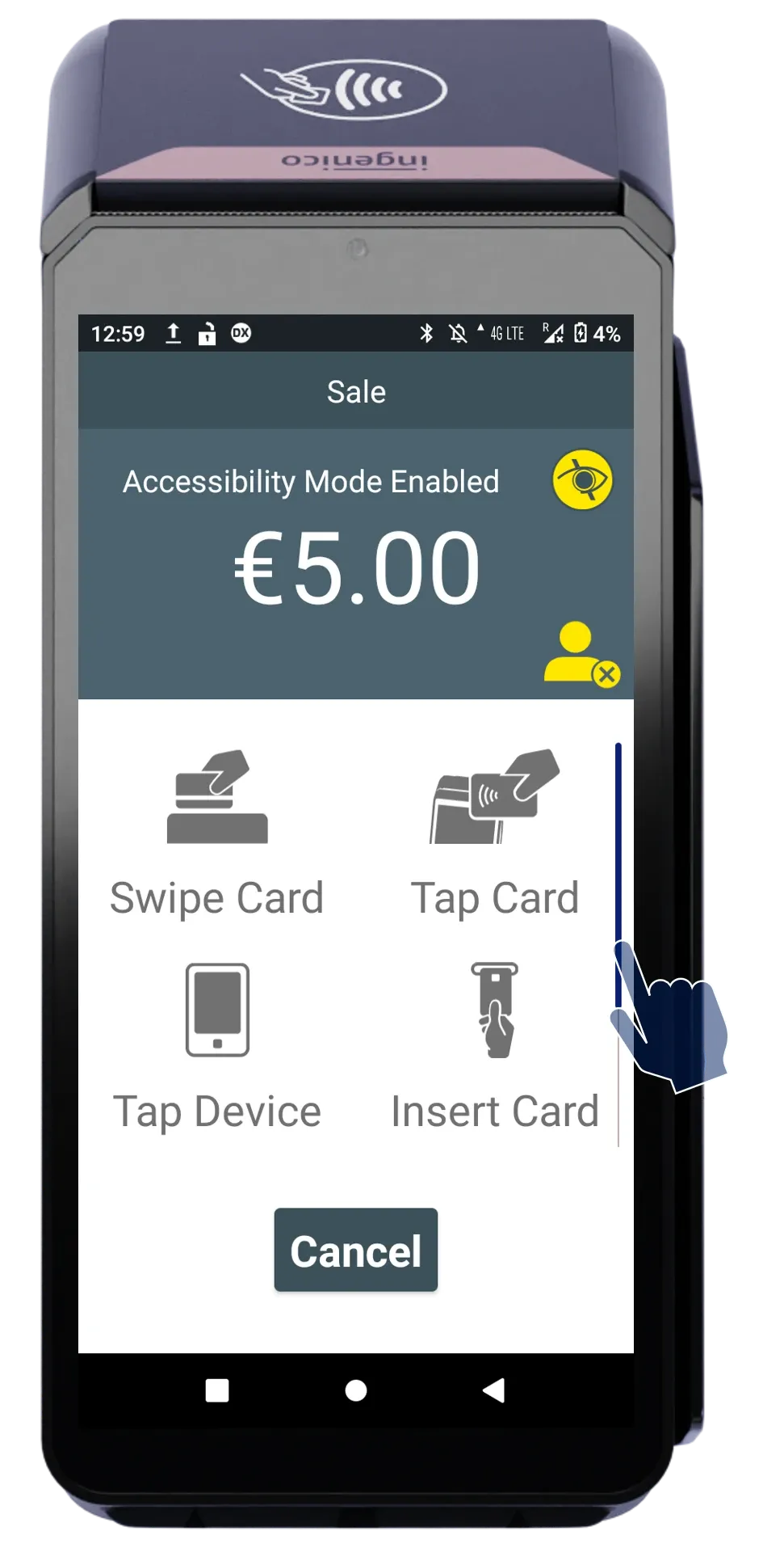 Payment terminal screen showing €5.00 sale with accessibility mode and multiple card payment options.
