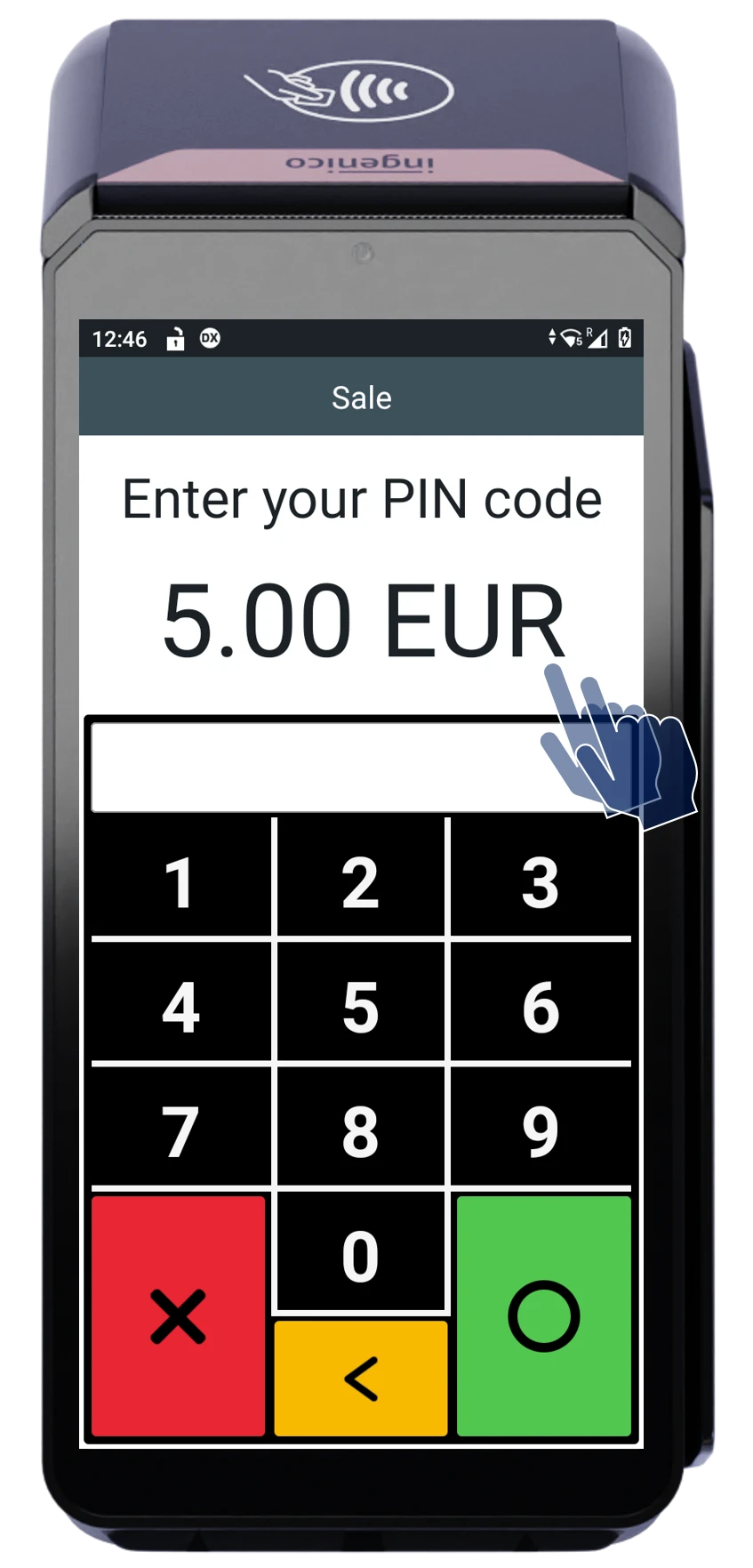 POS device interface displaying 'Enter your PIN code' for €5.00 transaction with keypad and function buttons.