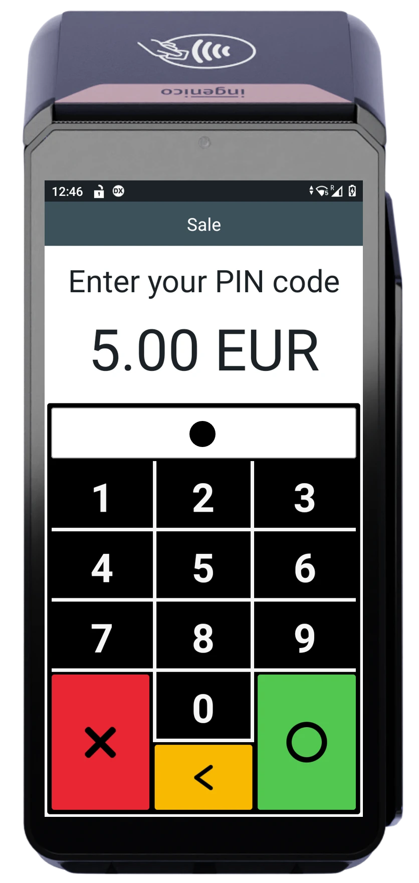 Payment terminal screen displaying €5.00 transaction with numeric keypad for PIN entry.