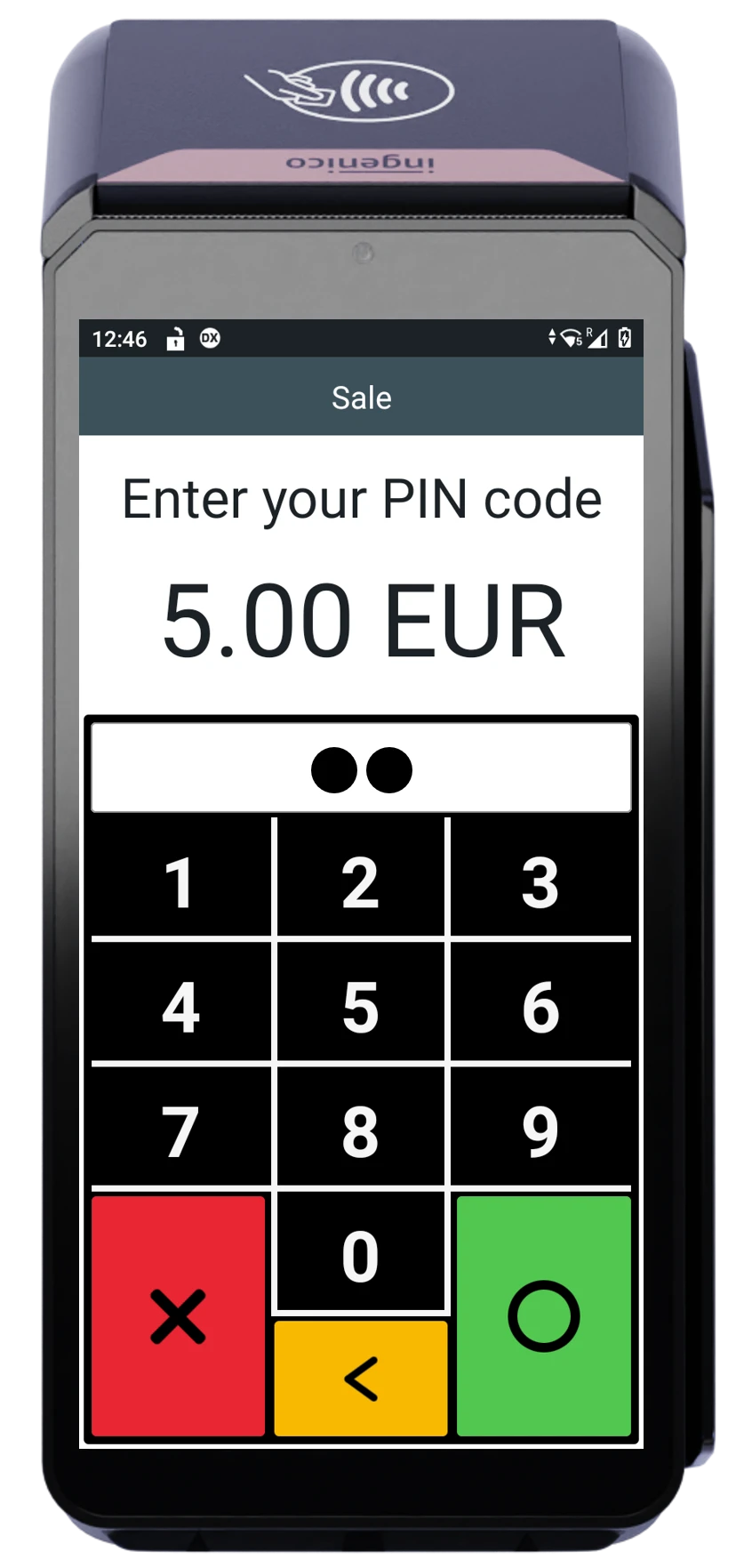 POS device interface displaying €5.00 sale and PIN entry screen with keypad and function buttons.