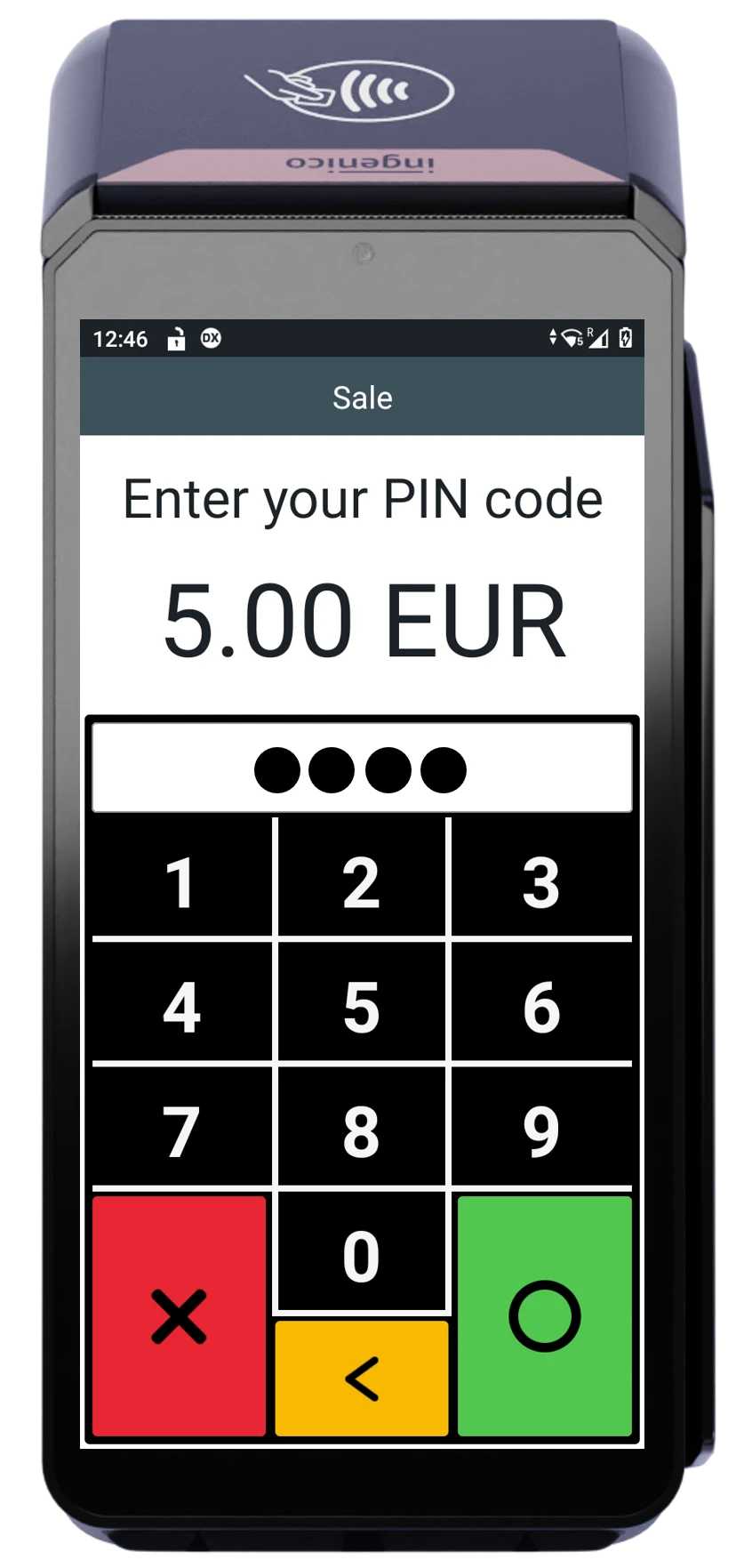 POS device interface displaying 'Enter your PIN code' for €5.00 sale with keypad and function buttons