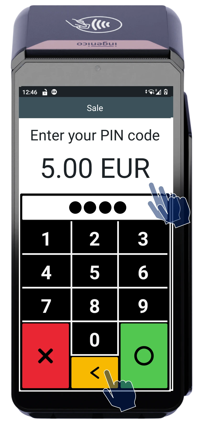 POS device interface displaying 'Enter your PIN code' for €5.00 transaction with visual guidance on keypad and correction button.