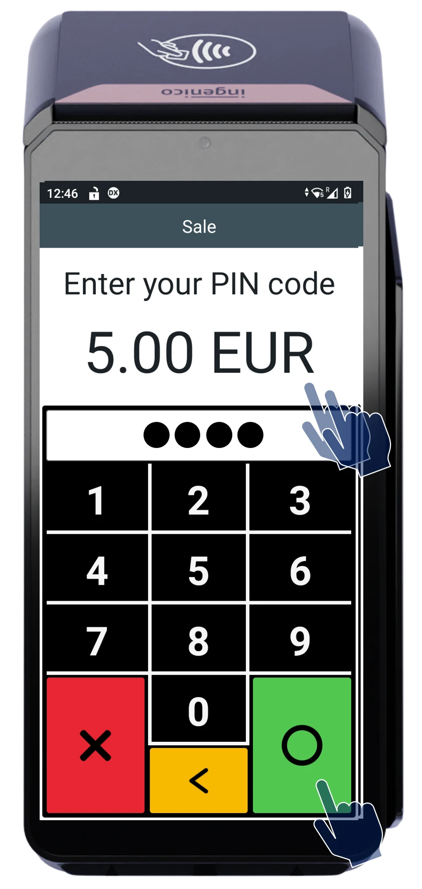 POS device interface displaying 'Enter your PIN code' for €5.00 transaction with keypad and confirm, cancel, and correct buttons.